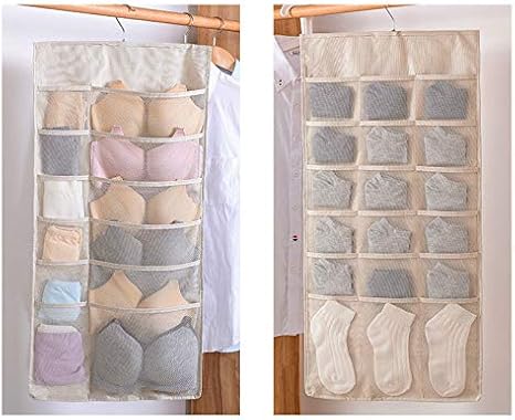 Amazon Cywl 下着 下着 靴下収納バッグ サスペンションタイプ ワードローブ ドア裏 壁 30グリッド 大容量 服の置き場所 散らかりません ベージュ クローゼット吊り下げ収納 オンライン通販