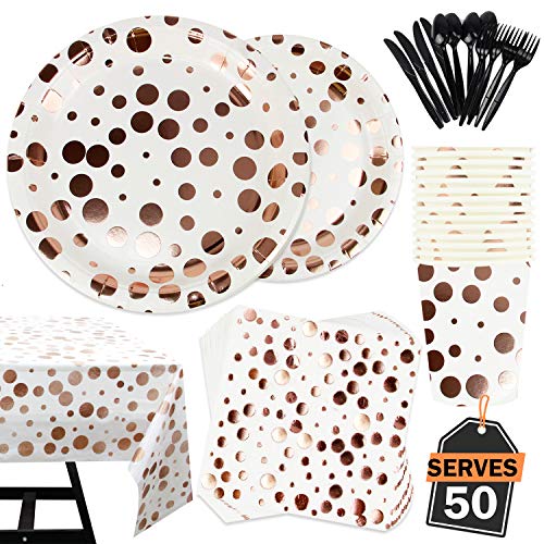 352 Piece White with Pink & Rose Gold Foil Polka Dot Party Supplies Set Including Plates, Cups, Napkins, Forks, Knives, Spoons and Tablecloths, Serves 50