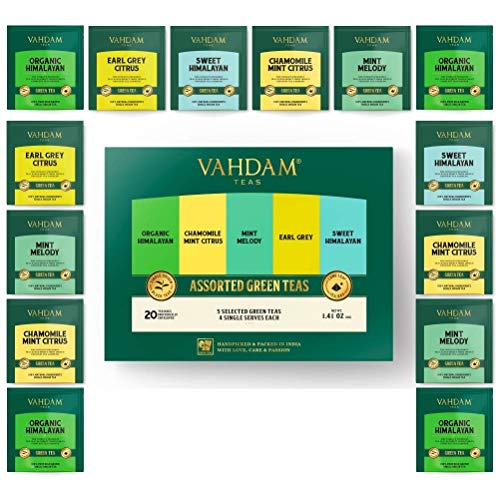 VAHDAM, Grüner tee Probierset | 5 Geschmacksrichtungen, 20 Teebeutel | Teesortenpackung, Langblatt Pyramide Schwarzer Teebeutel | Geschenke Für Frauen & Männer | Grüner Tee Sortiment