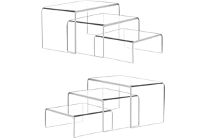 Pwbarwq 6 Pcs Acrylic Display Risers, 2 Sets Clear Shelf Riser, 0.15" Thick Acrylic Risers Display Stands, Clear Risers for Dessert, Cupcake, Candy, Figure Jewelry Showcase