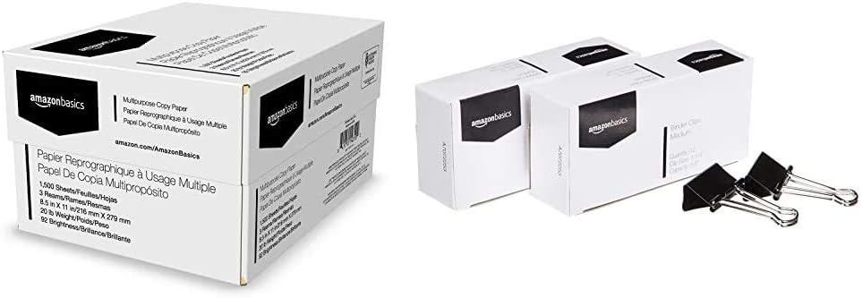  Basics Multipurpose Copy Printer Paper - White, 8.5 x 11 Inches, 3 Ream Case (1, 500 Sheets) & Basics Binder Paper Clip, Medium, 12 Clips per Box, 2-Pack : Office Products