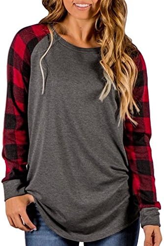 KUFV Women's Plaid Long Sleeve Tops Crew Neck Blouse Tunic T-Shirts