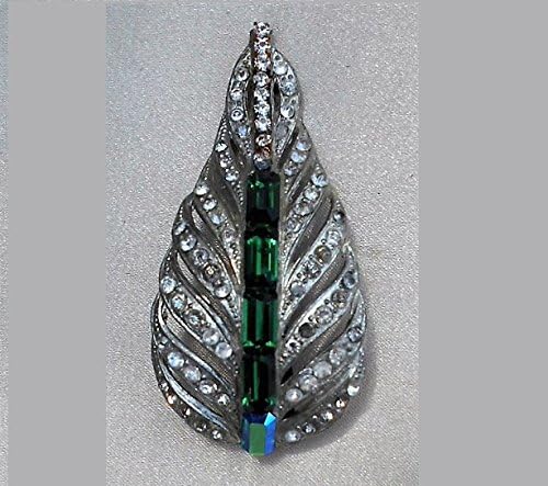 HUGE Rhinestone Dress Clip 1920s Art Deco Emerald Green &amp; Clear Stunning 100+ Rhinestones on Bright Pot Metal Dress Clip, FUR CLIP or Wear as 3" Pendant.
