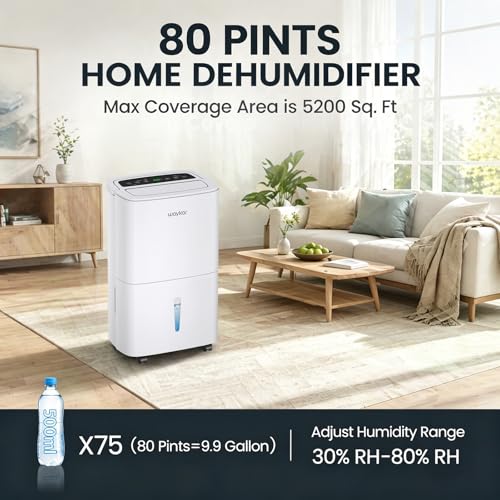 80 Pint Dehumidifiers for Basements Home (Covers 5200 Sq.Ft) | With Continuous Drain Hose,Water Tank,Auto Defrost,Restart,Energy-Saving,24H Timer & Quiet Operation for Garage,Bedroom