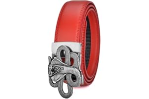 Men's Ratchet Stitching Leather Belts Casual Formal Waist Strap with Engraved Silver Boa Hollow Automatic Buckle(110cm/43, Re