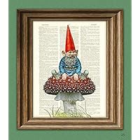 Old Garden Gnome Chilling On a Toadstool Illustration Beautifully Upcycled Dictionary Page Book Art Print