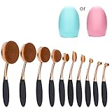 BeautyKate Multi function Oval Face Powder Brush Toothbrush Curve Makeup Brushes Set (Set of 10, Rose-golden+Black Handle)+ 1pcs Cleaning Glove MakeUp Brush Washing Egg (Pink)