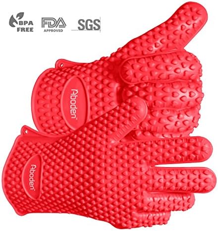 Aboden Silicone Heat Resistant Grilling BBQ Gloves for Cooking, Baking, Smoking & Potholder, Pack of 2, Red