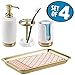 mDesign Bath Accessory Set, Soap Pump, Toothbrush Holder, Paper Cup Dispenser, Vanity Towel Tray - Set of 4, White/Soft Brass