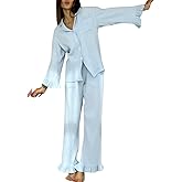 codcm Womens Muslin Pajama Set Cotton Gauze Loungewear 3 Piece Long Sleeve Button Down Sleepwear Ruffle Pj Set