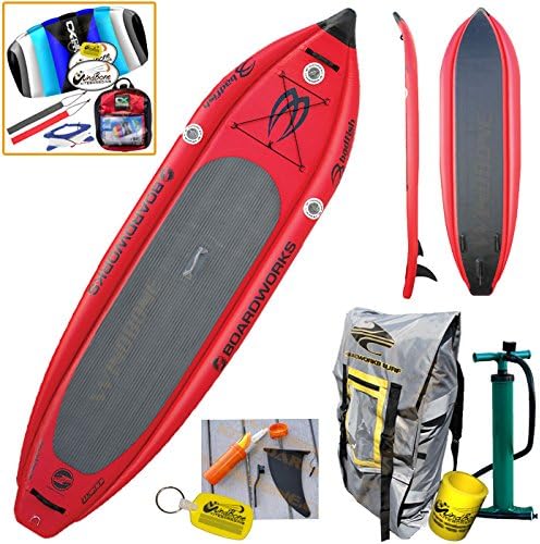 2016 Boardworks Badfish MCIT 10-6 (10' 6") Red Inflatable Stand-Up Paddle Board and Kite Bundle (5 Items) Includes: CX 1.5M Foil Kite + WindBone Kitesurf Lifestyle Decals + WBK Koozie + WBK Key Chain