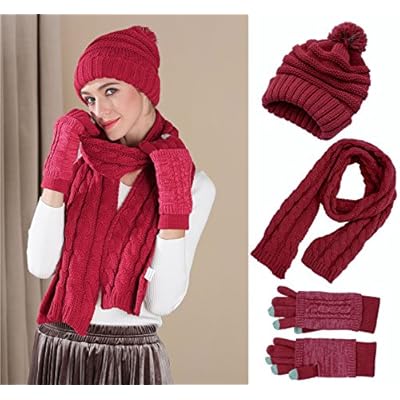 Women Hat Scarf Gloves Set, Pom Beanie Touch Screen Gloves 3PCS Soft Warm Thick Knit Cold Weather Gift Set