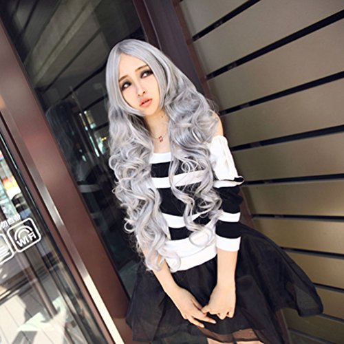 Rise World Wig Women's 80cm Long Layered Wavy Curly Silver Grey Cosplay Full Hair Synthetic Wig
