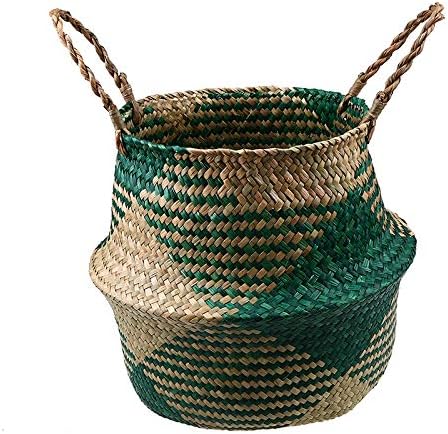 SZETOSY Natural Seagrass Basket - GOODCHANCEUK Seagrass Belly Basket Hand Woven Storage Basket With Handle Toys Laundry Basket Flower Planter Green Rhombus Style#4 38CMx36CM