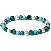 MetJakt Women's Multi Gemstone 6MM Malachite Beaded Bracelets Handmade 18K Gold Ball Stretch Natural Stone Pearl Jewelry