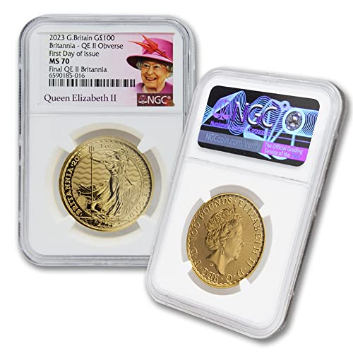 2023 1 oz British Gold Britannia Coin by the Royal Mint MS-70 (First Day of Issue - Queen Elizabeth II Label) 24K 100£ NGC