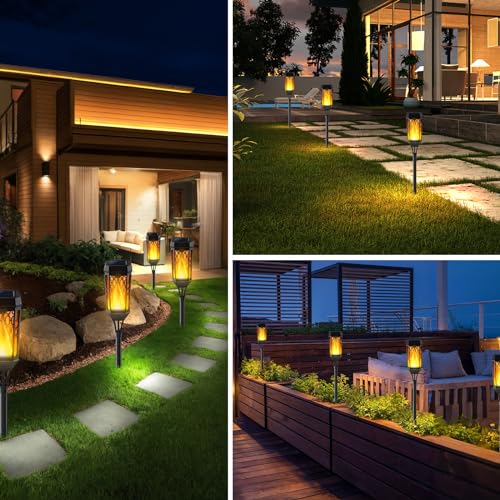 Solar Torch Flame Lights, 12 LED Solar Lights Outdoor with Flickering Flame, IP65 Waterproof Solar Pathway Lights Landscape Decoration Lighting for Garden Lawn Patio Yard Outdoor Decorations (4pcs)
