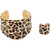 Chunky Leopard Print Bracelet Ring Set for Women Ladies Gold-Tone Plated Wide Open Wrap Cuff Bangle Adjustable Finger Band Exaggerated Boho Statement Unique Jewelry Fashion Party Accessories