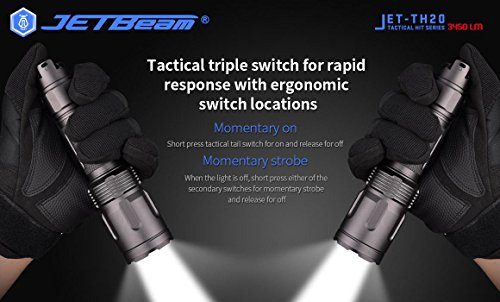 JETBeam TH20 Ultra Bright Tactical Triple Switch XHP70.2 LED Flashlight - 3450 Lumen - Using one 18650 battery