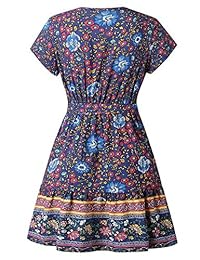 Vestidos de dama Summer Bohemian Vintage Floral Impreso Volantes Dobladillo con cuello en V Mini vestido S-XXL