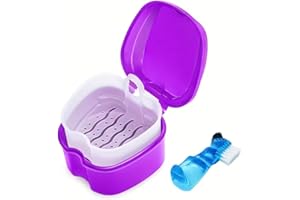 [Portable Dentures Holder] Waterproof Denture Case with Brush | Dental Cup Holder, Hygienic Storage Box, Lid Window (Purple)