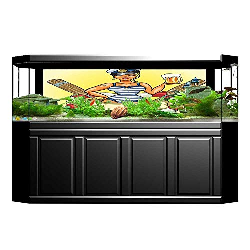 UHOO2018 Fish Tank Poster Aquarium Background Backdrop PVC Adhesive Pin Up Sexy Sailor Girl in Lifebuoy with Captain Hat and Costume Glass Sticker Wallpaper Fish Tank 35.4"x19.6"