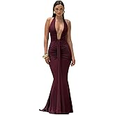 JUMISEE Women’s Sexy Halter Twist Knot Maxi Dress Draped Ribbon Ruched Cocktail Dress Sheer Mesh Bodycon Formal Dresses