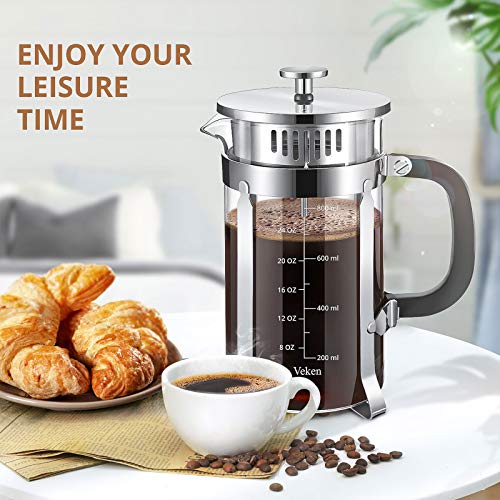 Veken French Press Coffee Tea Maker (34 oz), 304 Stainless Steel Coffee