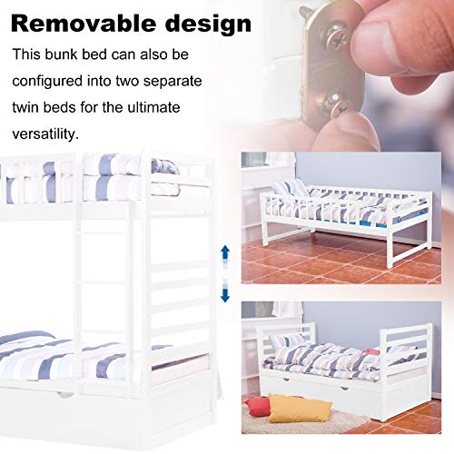 Twin Over Twin Bunk Bed, Rockjame Space Saving Design Sleeping Bedroom Furniture with Trundle Solid Wood Bunk Bed, Ladder and Safety Rail for Boys and Girls (White)