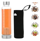 Herbal Fruit Glass Bottle Tea Infuser Travel Mug 550ML - Loose Tea Fruit Infuser Water Bottle Tumbler Commuter-Mug for Hot | Cold Brews includes Trendy Insulated Neoprene Sleeve 18.5 oz