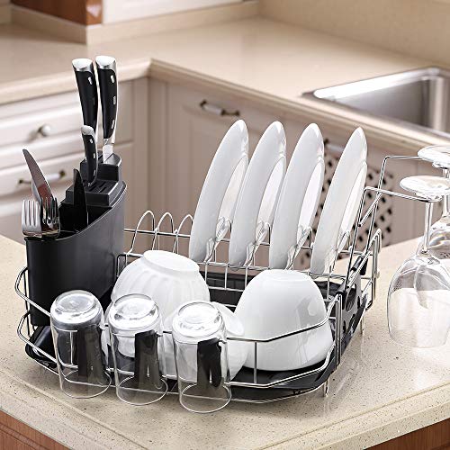 VESLA HOME Sink Countertop Kitchen Dish Drying Rack in Sink Dish Drainer with Drain Board and Cutlery Cup, Stainless Steel Silver Wire/Black Plastic