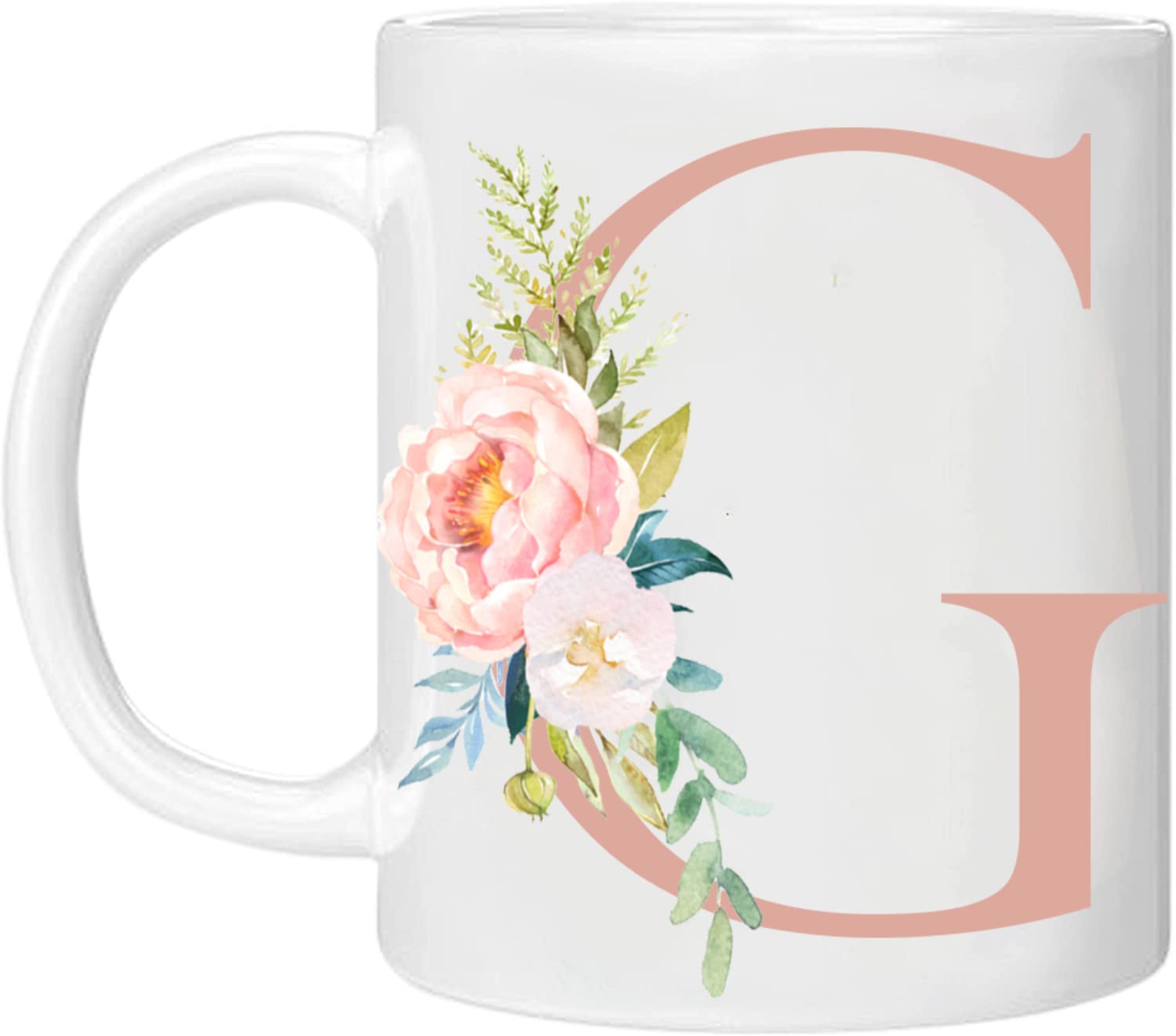MOBILE STUFF Personalised Floral Mug Letter G - Any Letter Alphabet 11oz Ceramic Coffee/Tea Cup Printed Glitter, NOT Real Glitter (Rose - G)