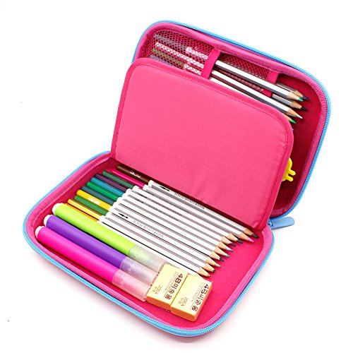 3D Rainbow Unicorn Embossed Hardtop Pencil Case - School Girls Large Colored Pen Holder Box With Compartments - Kids Cute Cosmetic Pouch Bag Stationery Organizer (Hot Pink)