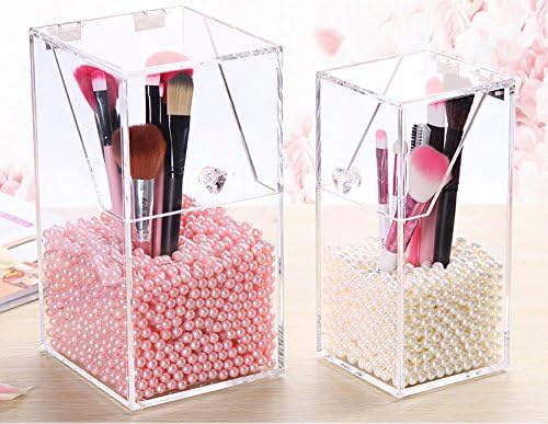 iNINJA(TM) Large Anti-Dust Ultra Clear Acrylic Jewelry and Cosmetic/Makeup Organizer Brushes Holder Case Bathroom Storage Cosmetic Display Box With Glossy Pearls (white and pink,2packs x 1300pcs/pack)