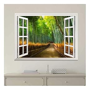 Modern White Window Looking Out Into a Road with Bamboo Trees on The Side - Wall Mural, Removable Sticker, Home Decor - 24x32 inches