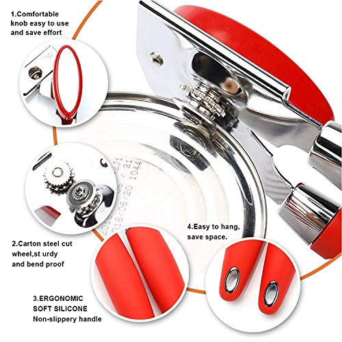 Can Opener Manual Stainless Steel CESHUMD Smooth Edge Comfort Grip Silicone Handle Heavy Duty Anti Slip for Seniors and Arthritis Hands (Red)