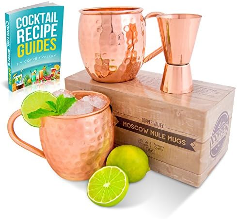 Moscow Mule Copper Mugs Set - 100% Premium Quality Copper - Hammered Finish - Gift Set of 2 Cups - 16oz - Bonus Shot Glass &amp; Cocktail Recipe eBook - Handcrafted With Welded Handles by Copper Valley