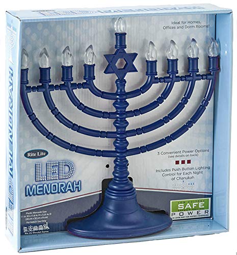 Quality Judaica LED Hanukkah Menorah with Star of David, Battery or USB Powered, Includes Micro USB Cable, Blue