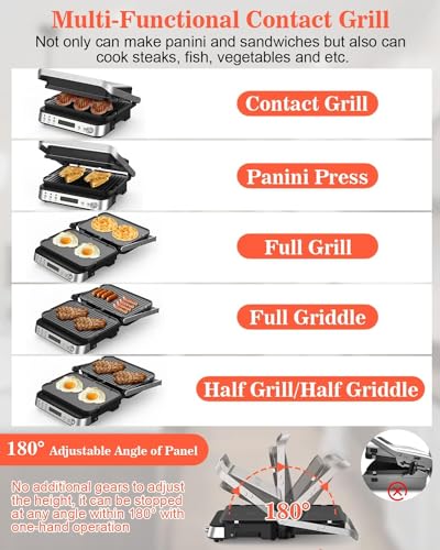 Dxmocos 5 in 1 Indoor Grill, Electric Contact Grill and Griddle, Panini Press Grill Sandwich Maker with Meat Thermometer, LCD Display, Stainless Steel, Healthy Ceramic Nonstick, 2000W