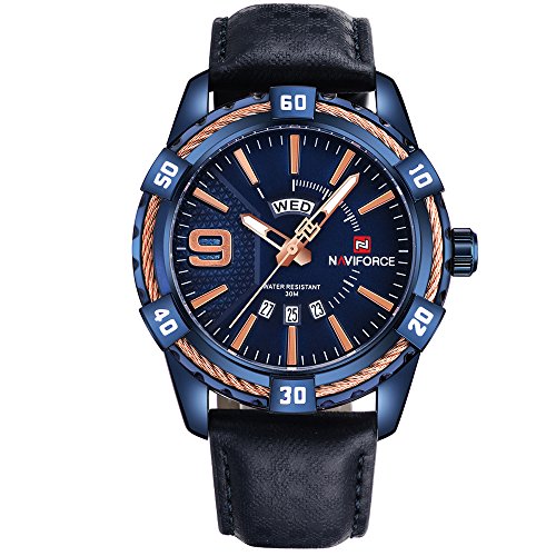 Naviforce mens blue leather watch date casual dress ana…