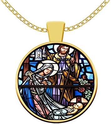 Jesus -Reason for The Season Stained-Glass Round Golden Chain Christian Jewelry Family Pendant Mom Gift