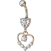 Pierced Owl 14GA 316L Stainless Steel CZ Crystal Hollow Heart Shaped Dangling Belly Button Ring