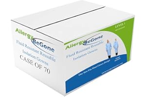 ALLERGY BE GONE Reusable Isolation Gowns - Fluid Resistant Polyester Non-Disposable Gowns for Medical Facilities - Protective Washable PPE Gowns for Dental, Testing Lab, Hospital Use - One Size Unisex - Blue 70-Pack