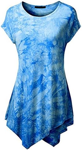 Women Short Sleeve O-Neck Irregular Hem T-shirt Loose (X-Large, Blue)