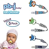 PBnJ baby Pacifier Clip Holder Strap Leash Tether for Boys and Girls with Safe Plastic Clip (Stripes, Chevron 3-Pack)