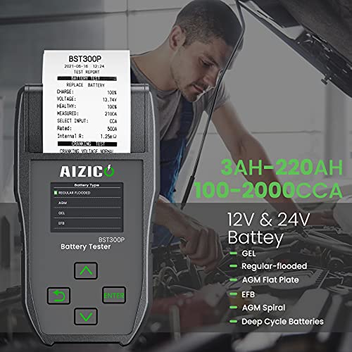 AIZICO Car Battery Tester with Printer, 12V/24V Automotive Alternator Load Tester, 100-2000 CCA Car Cranking and Charging System Analyzer Scan Tool for Heavy Duty Trucks, Cars, Motorcycles