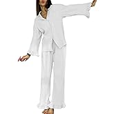 codcm Womens Muslin Pajama Set Cotton Gauze Loungewear 3 Piece Long Sleeve Button Down Sleepwear Ruffle Pj Set