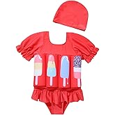 Kids Baby Girls Float Suit Ice Cream Floatation Swimsuit with Adjustable Buoyancy Bathing Swimwear Toddler One Piece Swimming Suit Summer Swim Vest Jacket Ruffle Tutu Swim Dress Red Ice Cream 2-3T