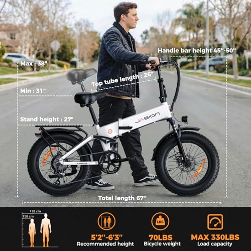 Jasion X-Hunter Electric Bike for Adults,1400W Peak Folding Ebike,20''*4 Fat Tire Foldable Ebike,30MPH 70+Miles 48V 13AH Removable Battery,Full Suspension System Design,7-Speed Bicycles