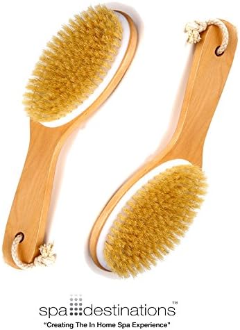 Natural Boar Bristle Body Brush Wooden Handle by Spa Destinations Dry Brush and Wet Brush 2 Pk Exfoliating Scrubber for Flawless Skin, Cellulite Treatment, Lymphatic and Blood Circulation